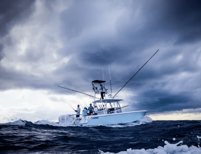 Contender center console running offshore through rough seas