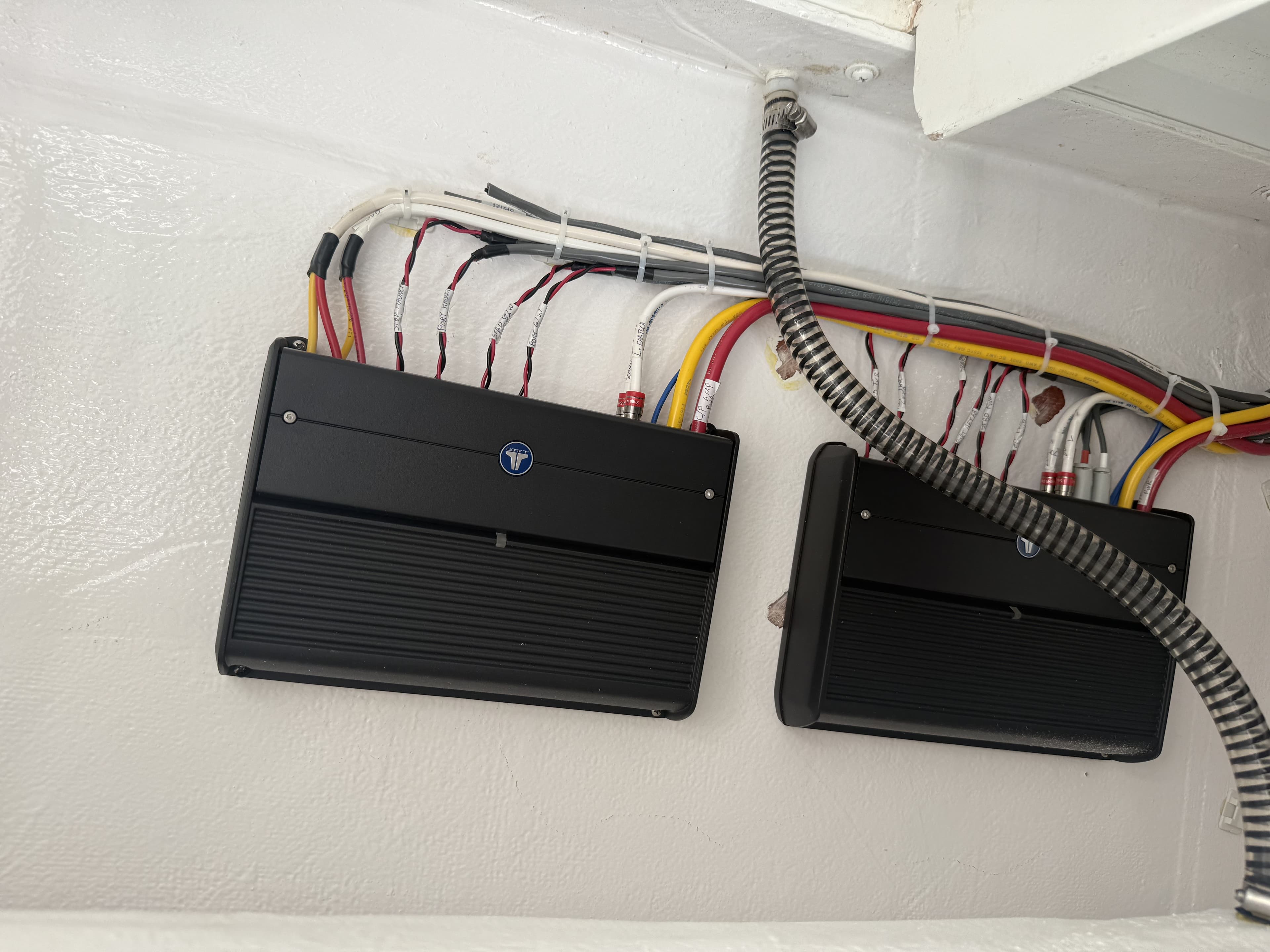 Marine amplifiers with clean, labeled audio wiring