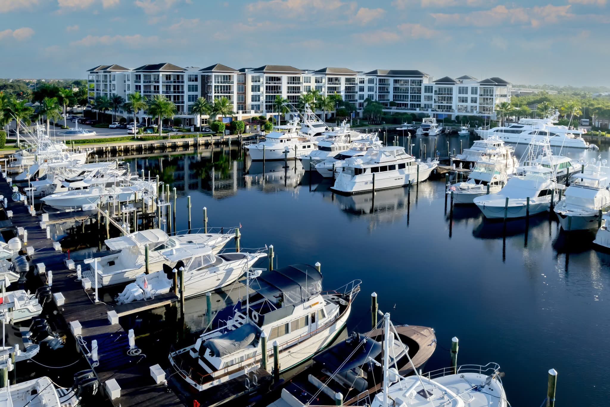 Aerial view of a marina full of sportfish boats and yachts in Palm Beach Gardens