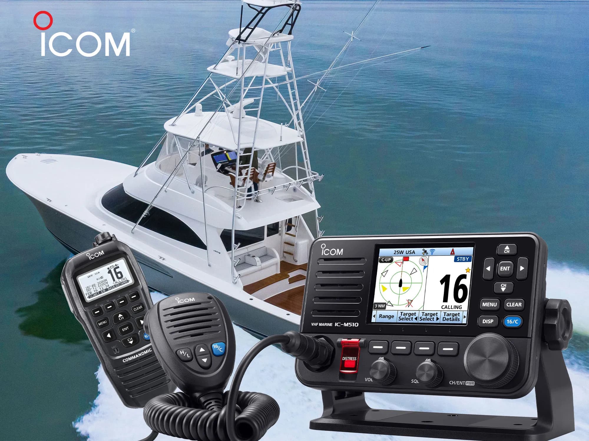 Icom VHF marine radio, handheld, and command mic aboard a sportfish boat